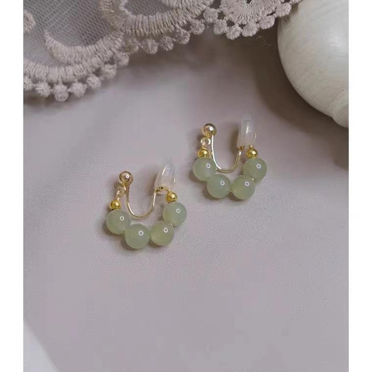 Retro Chinese Hetian Hanfu Style Clip-On Earrings - Unique Niche Design, No Piercing Needed