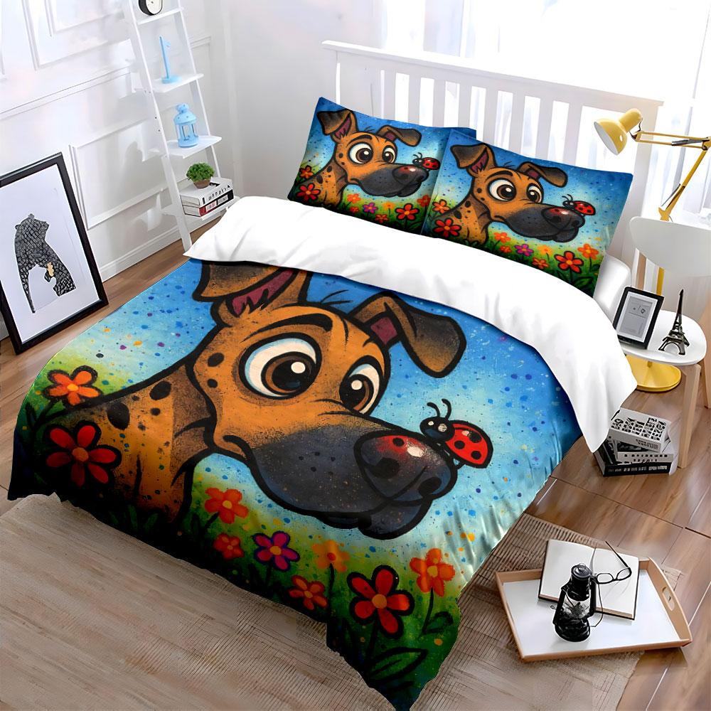 Cartoon Dog with Ladybug Pattern Bedding Duvet Cover Set Duvet Cover Pillowcases  (1*Duvet Cover 2*Pillowcases, Without Duvet Insert)