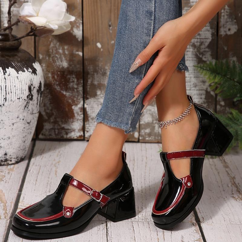 Fashion Fashion One Strap Single Shoes Summer New Round Toe Middle Buckle Rivet Metal Buckle Colorblock Square Heel High Heels