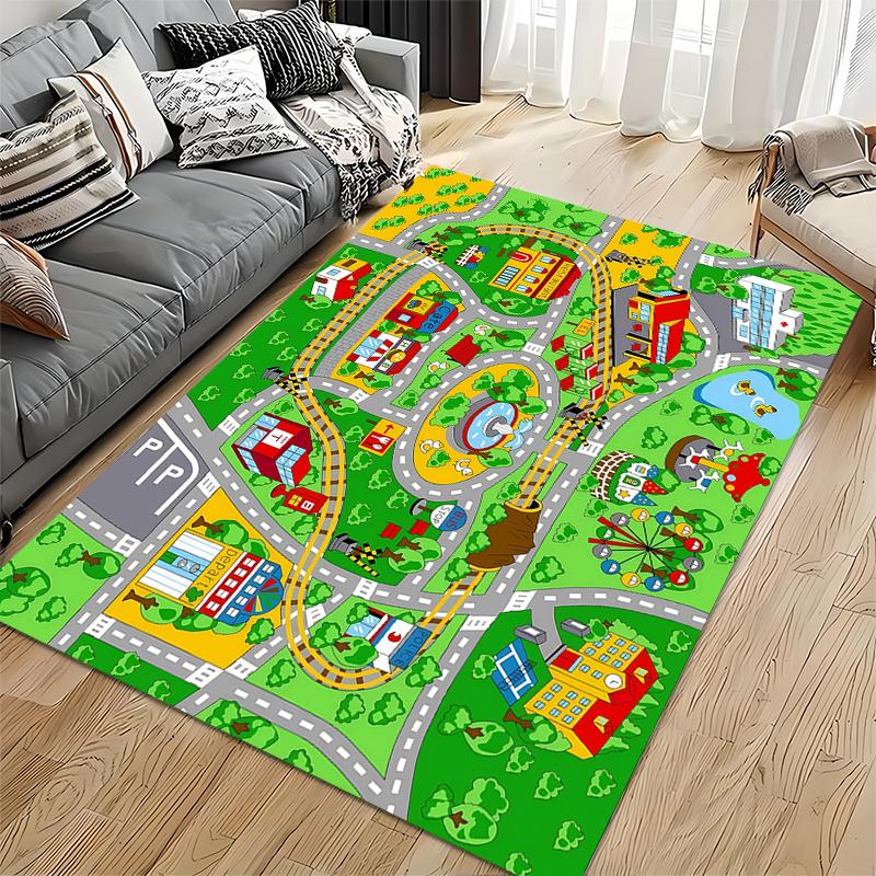 Colorful City Map Playground Rug Non-slip Rug Suitable for Living Room and Bedroom Sofas.