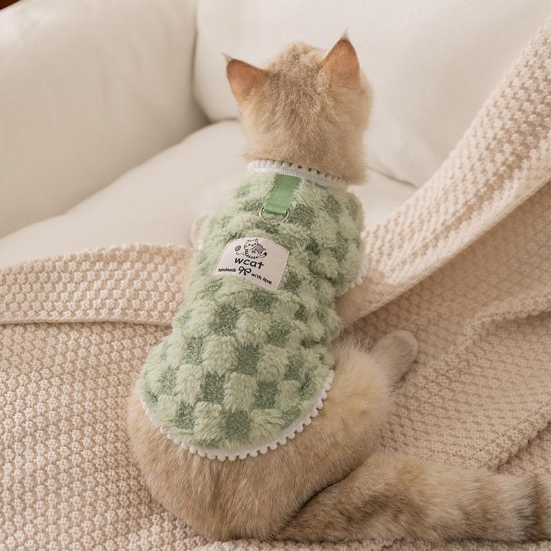 Autumn and Winter Pet Clothes Two Feet Fleece Traction Fleece Jacket German German Cat Hairless Cat Fleece Checkerboard Cat Clothes