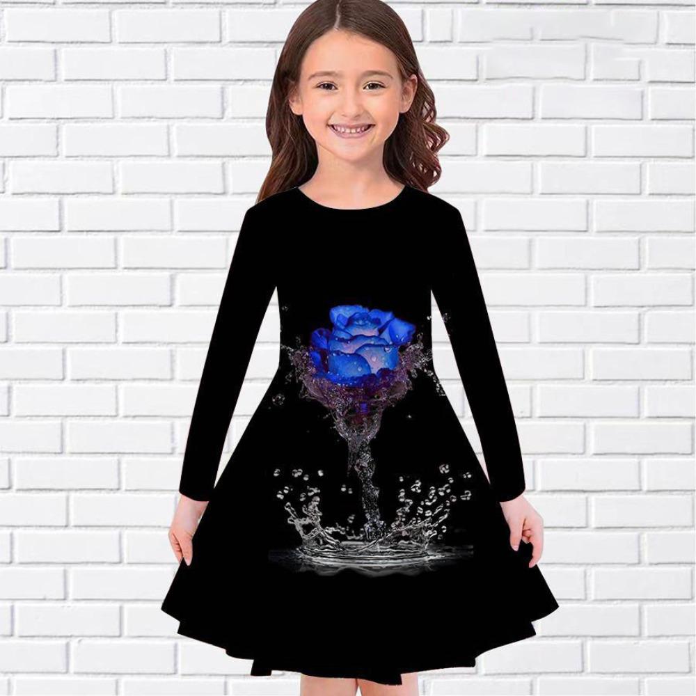 Girls' 3D Rose Ink Splash Dress Long Sleeve Summer Spring Vacation Daily Holiday Princess Beautiful Sweet Kids 4-12 Years Casual Dress A Line Dress