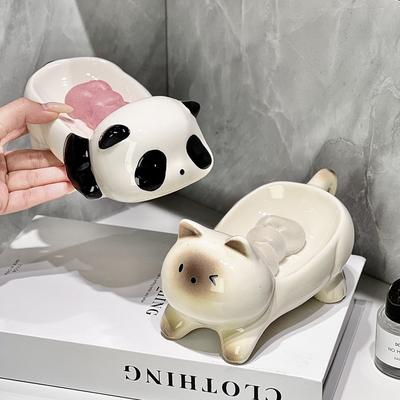 Creative High Appearance Level Cat and Panda-shaped Soap Dish, Water-draining Ceramic High-end Light Luxury Soap Storage Box