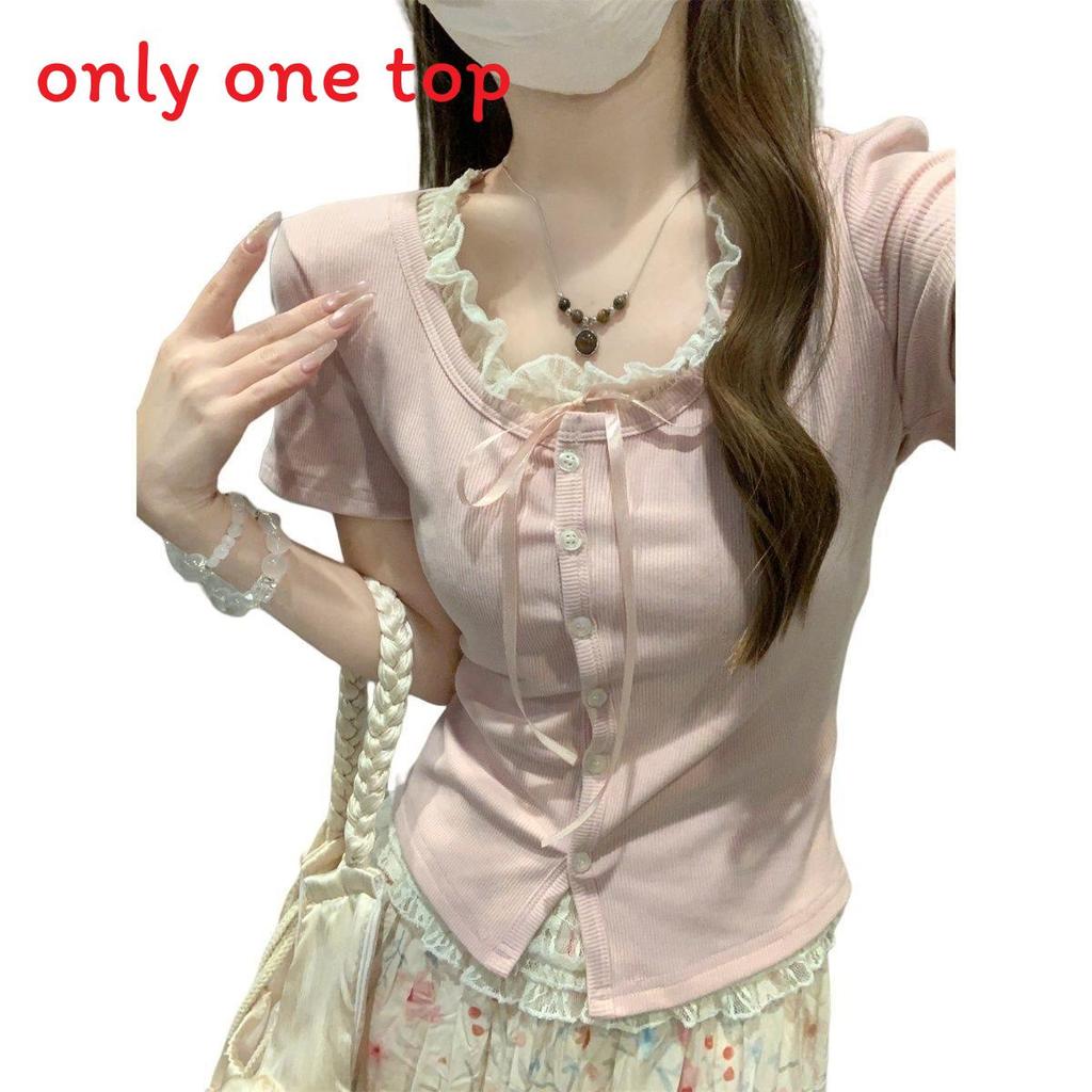 Plain Weave T Shirt With Lace Embroidery For Summer Casuals