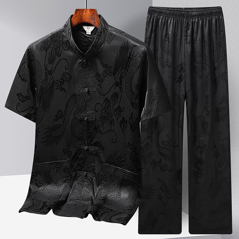 

Мужской костюм Тан из ледяного шелка с короткими рукавами, новый китайский костюм Ханьфу для пап и дедушек, утренняя зарядка, костюм Тайцзи, лето XXXL чёрный
