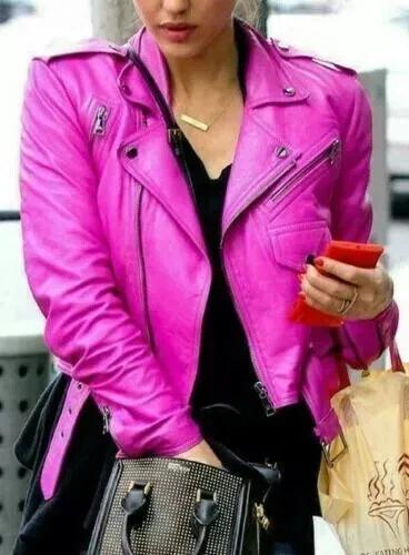 Stylish Collared Jacket Pink Women Genuine Lambskin Real Handmade Leather Jacket Designer