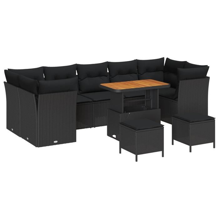 Ensemble de Canapé de Jardin de 10 Pièces avec Coussins Noir Poly Rattan Acacia, Ensemble de Salle à Manger de Jardin de 3 3361469