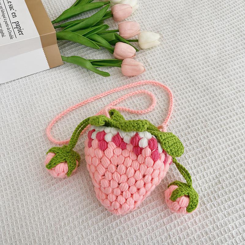 Adorable Korean Style Knitted Strawberry Crossbody Bag For Girls Soft Plush Design