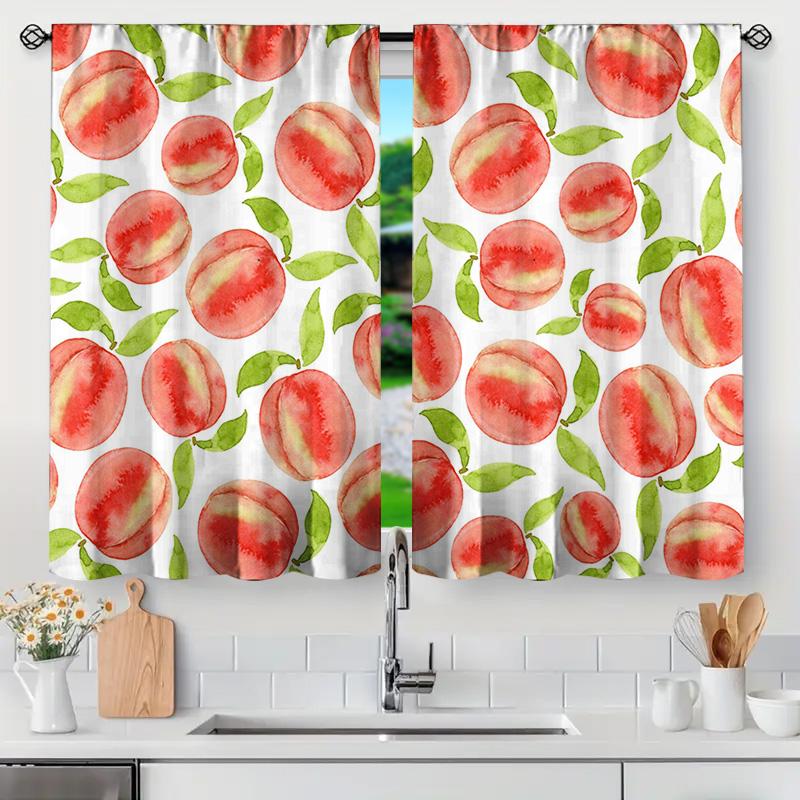 2PC Peach Watercolor Curtains, White Green Leaf Print Drapes, Fresh Floral Living Room & Bedroom Decor, Soft Sheer Window Panels
