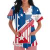 Women's Fashionable V-Neck Short-Sleeved Work Top With Pockets And Independence Day Print  Uniform