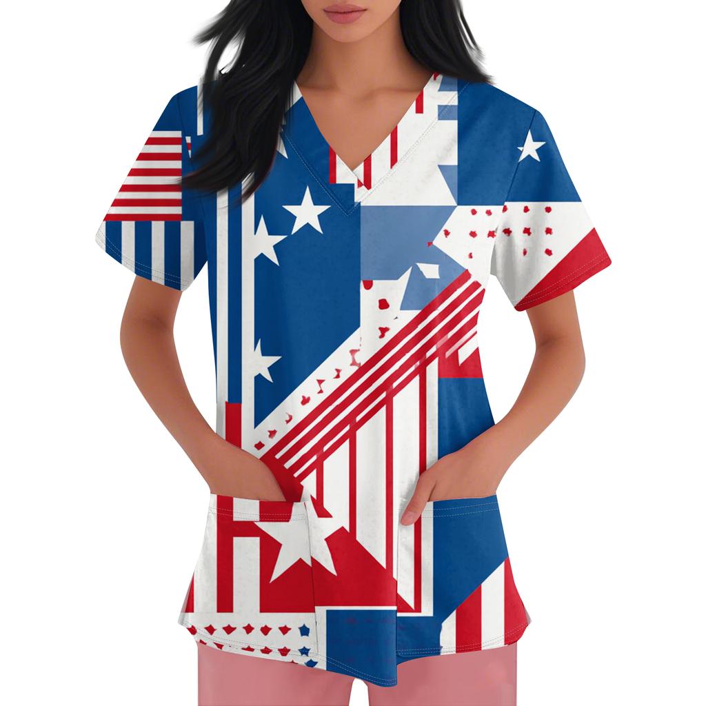 Women's Fashionable V-Neck Short-Sleeved Work Top With Pockets And Independence Day Print  Uniform