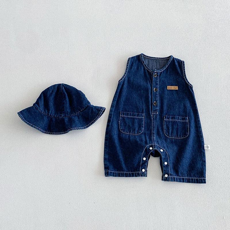 Baby Summer Rompers 3-24M Loose Boys Clothes Thin Toddler One Piece Solid Color Girls Denim Overalls + Hat