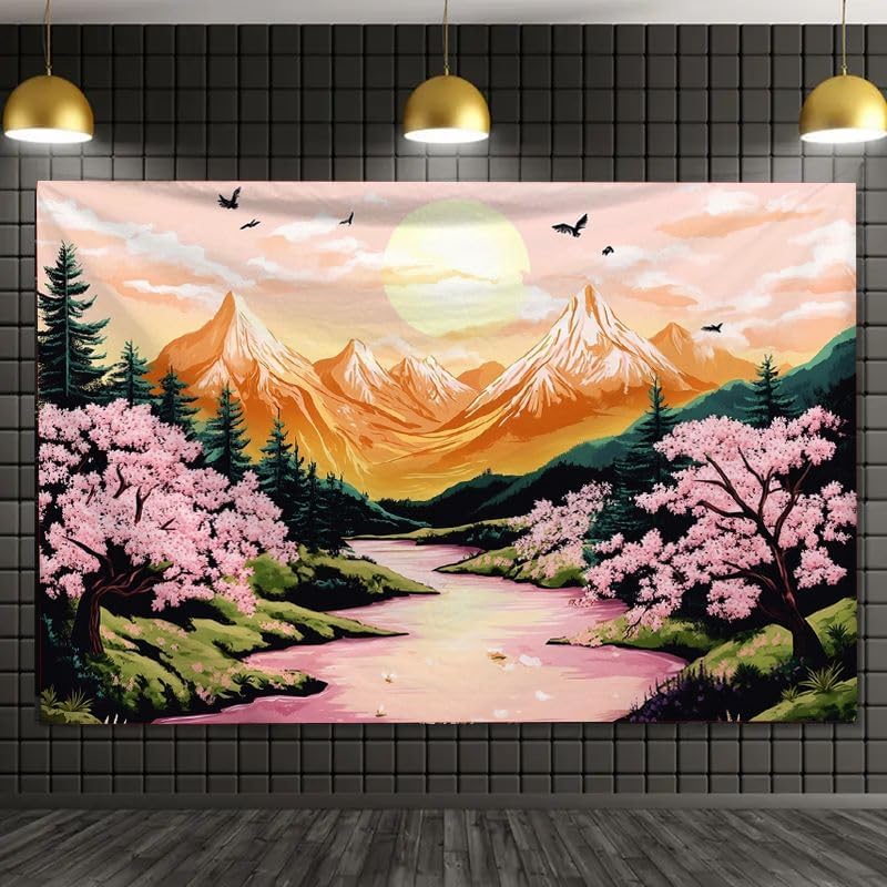 Mountain Tapestry Nature Forest Pink Cherry Blossoms for Bedroom Aesthetic Sunset Wall Hanging Orange and Green Landscape for