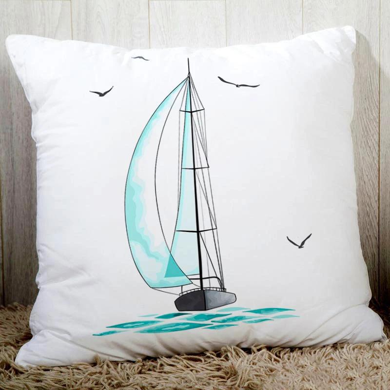 Classic Artwork Blue Sea Sail Print Quality Sofa Cushion Cover Home Decor Pillowcase
