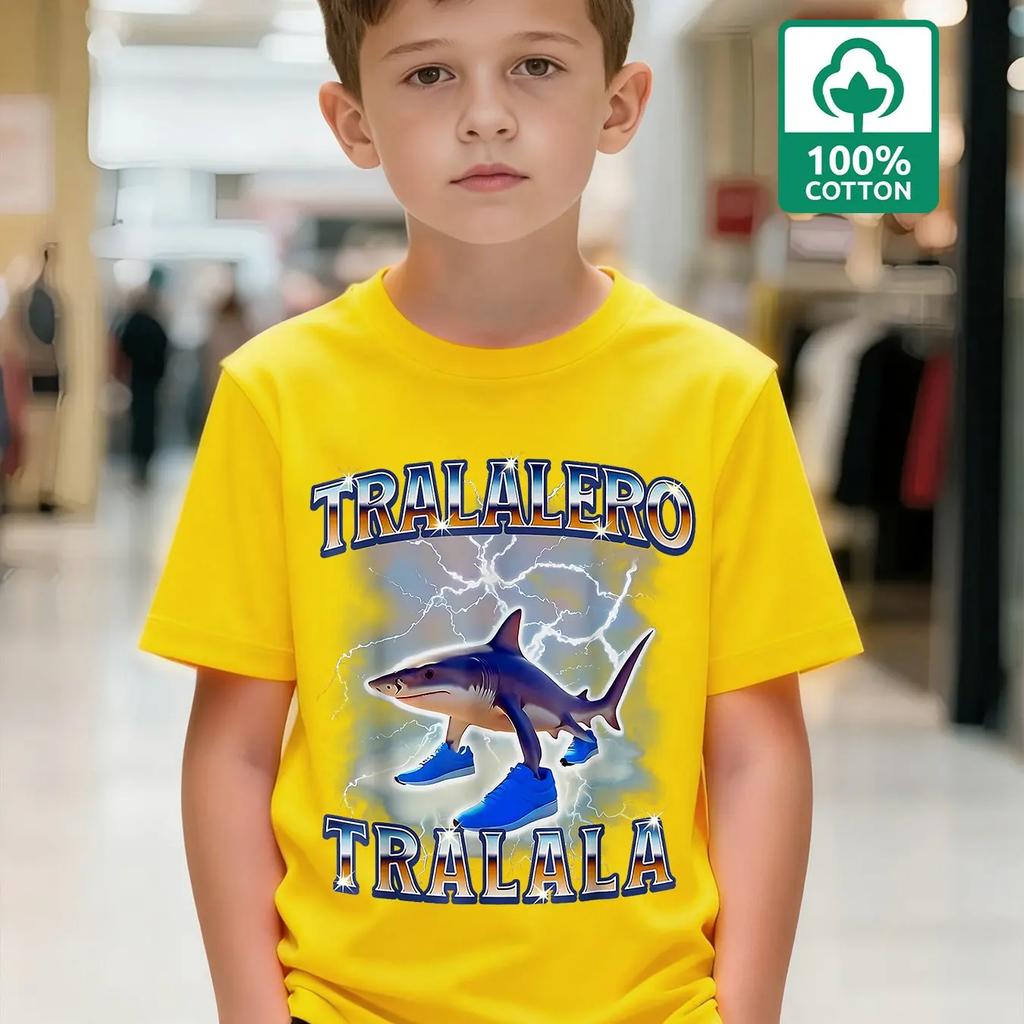 2026 Fashionable Boys' 100% Cotton Fun Shark Battle TRALALERO TRALALA Text Pattern T-Shirt Casual Everyday Children's Wear