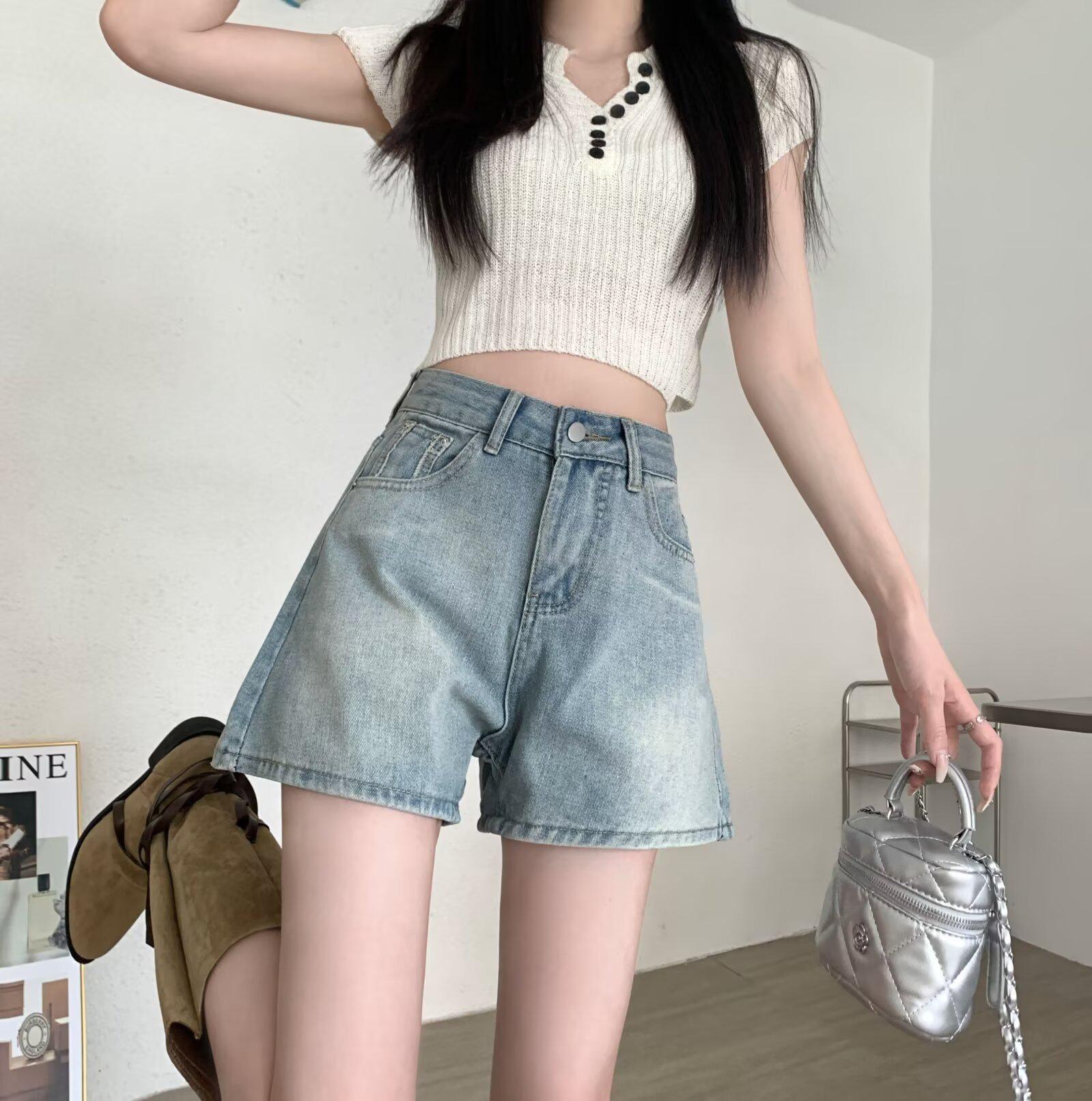 

Женские джинсовые шорты больших размеров в гонконгском стиле, синие, с высокой посадкой, широкие штанины - стройнящие, свободные, летняя мода 2XL