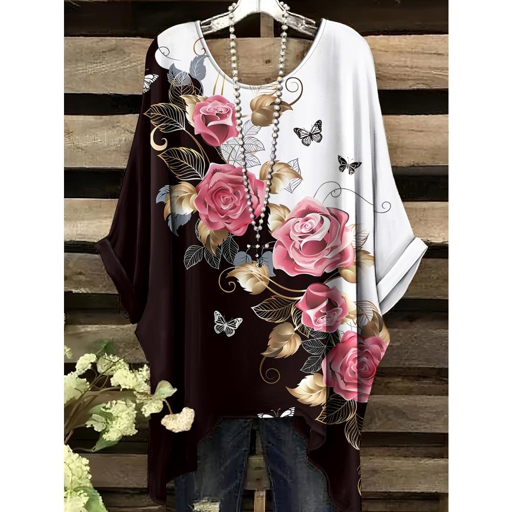 Sommer Elegante Frau Blumenprint Oberteil Vintage Rundhals Damen Kurzarm Y2k Grafik T-Shirt Mode Y2k Kleidung Frau 2025