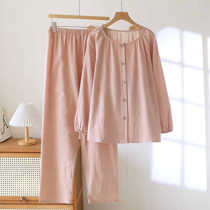 Women's 100% Cotton Long Sleeve Pajama Set, Lightweight Summer Double Layer Gauze, Solid Color Design.