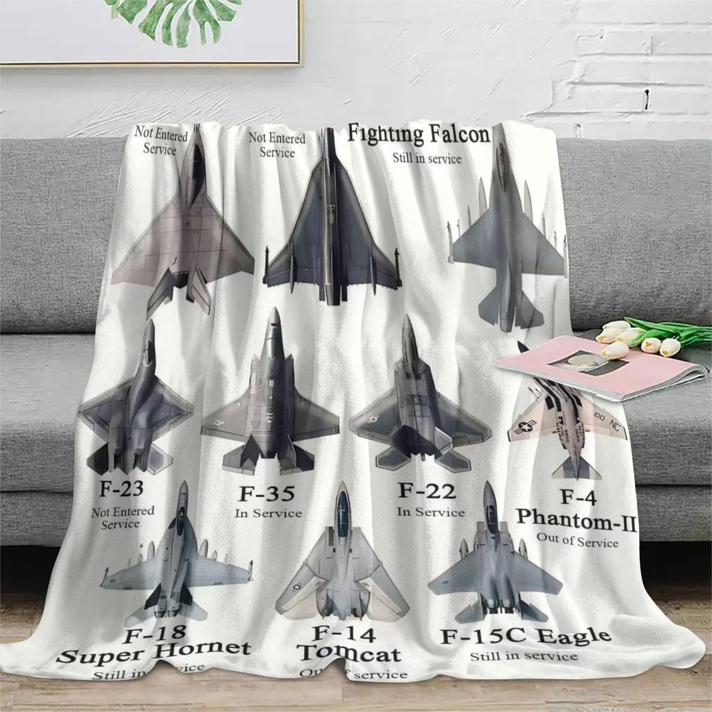 Mid-Century Modern Fighter Jet Design Flannel Throw Blanket - Soft All-Season F-22 Raptor To F-16 Falcon Collection - Aviation