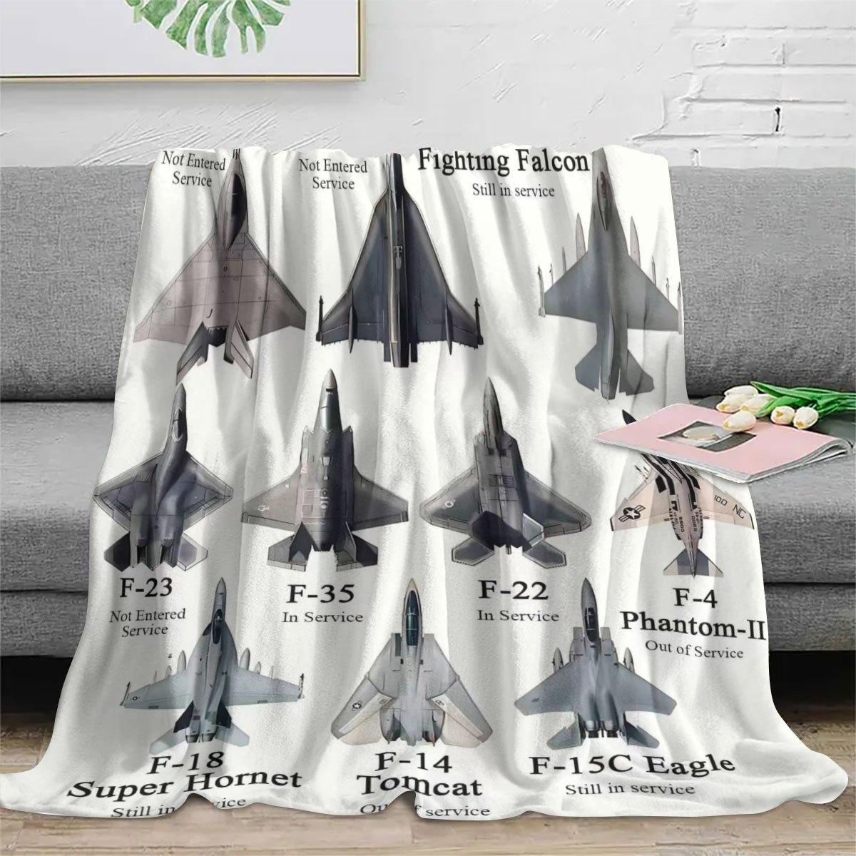 Mid-Century Modern Fighter Jet Design Flannel Throw Blanket - Soft All-Season F-22 Raptor to F-16 Falcon Collection - Aviation 75x90cm