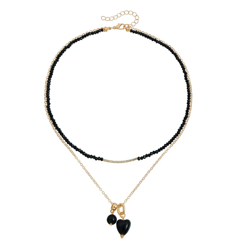 Bohemian Retro Dark Style Ceramic Heart-shaped Pendant Beaded Double-layered Choker Necklace for Women Punk Trendy Jewelry Gifts