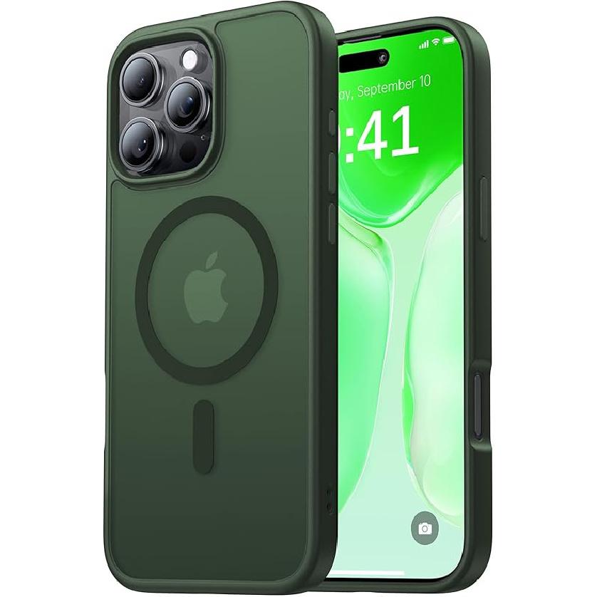 Strong Magnetic for iPhone 16 Pro Case, Skin-Friendly [Compatible with Magsafe] [Military-Grade Test Protection] Never Yellow Slim Translucent Matte A1-Alpine Green