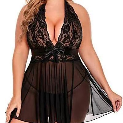 New Sex Underwear, European and American Large-size Sexy Perspective Suspender Lace Nightdress Temptation Set