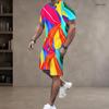 Men Plus Size Colorful Printed Round Neck Short Sleeve Top And Pocket Shorts Two Piece Set