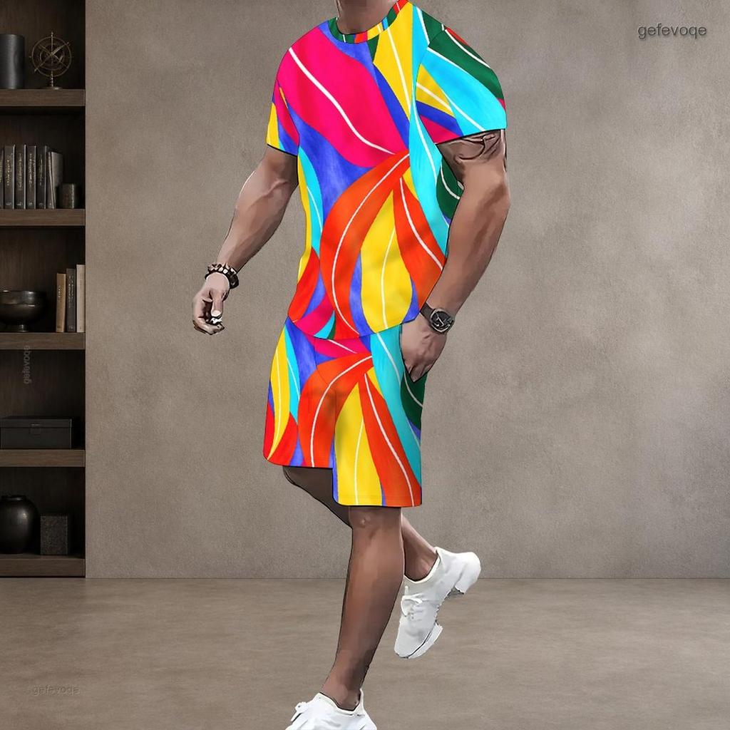 Men Plus Size Colorful Printed Round Neck Short Sleeve Top And Pocket Shorts Two Piece Set