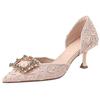 New Summer Crystal Buckle High Heels Women's Folded Pink Silk High Heels Water Diamond Wedding Shoes