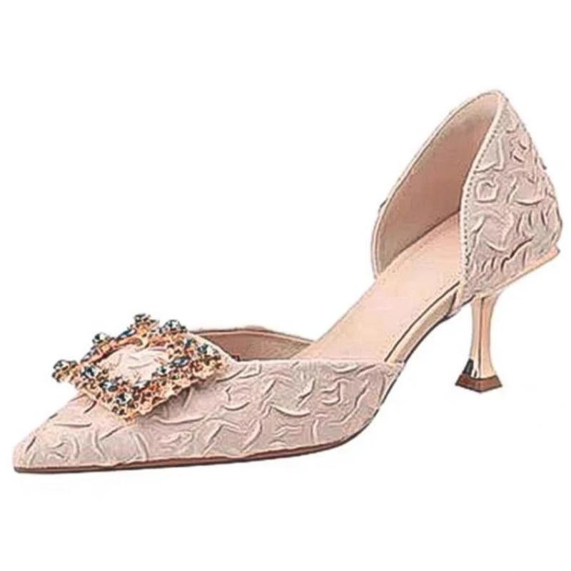 New Summer Crystal Buckle High Heels Women's Folded Pink Silk High Heels Water Diamond Wedding Shoes