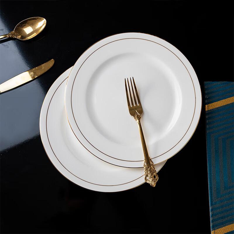 Taoxianghui Ceramic Western Steak Plates for Home Use, Flat Plates, Dinner Plates, 10-Inch Bone China Gold Rim Plates, Set of 2