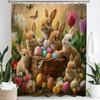 Cute Bunny Shower Curtain, Floral Colorful Eggs Wooden Plank Bowknot Bathroom Decorative Curtain, Waterproof Shower Curtain
