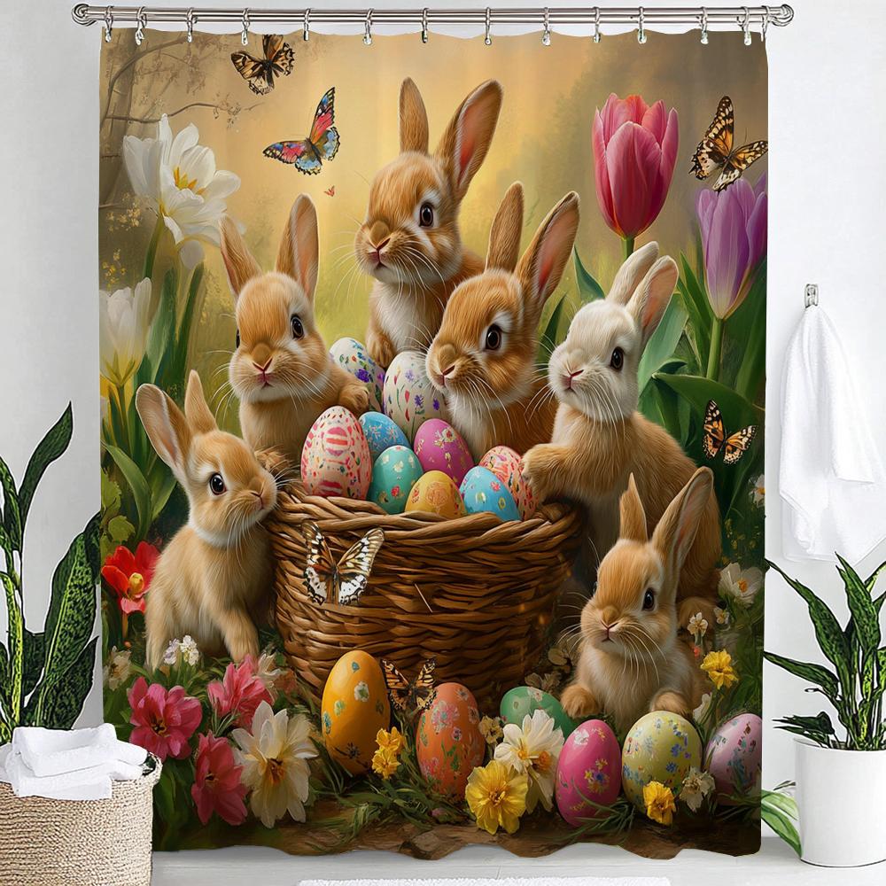 Cute Bunny Shower Curtain, Floral Colorful Eggs Wooden Plank Bowknot Bathroom Decorative Curtain, Waterproof Shower Curtain