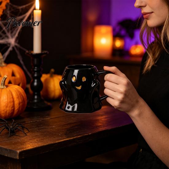 Ergonomic Handle Water Mug Halloween Ghost Ceramic Cup, Cute 3D Smiling Face Novelty Birthday Present Coffee Mug, Decorative Drinkware for Hot