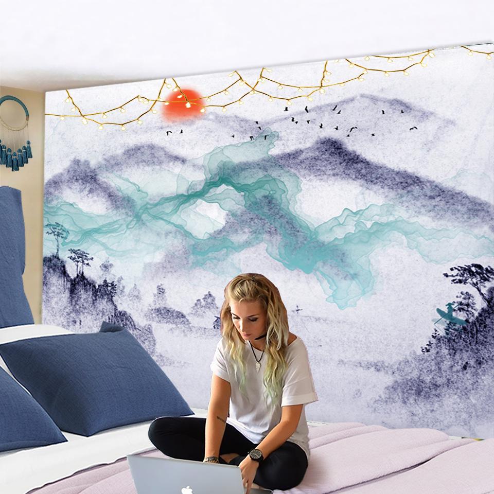 Japansk Kinesisk Sol Landskapsmålning Tapestry Kina Tusch Berg Träd Trädgård Pensel Vägghängning Röd Sol Tapestry Heminredning