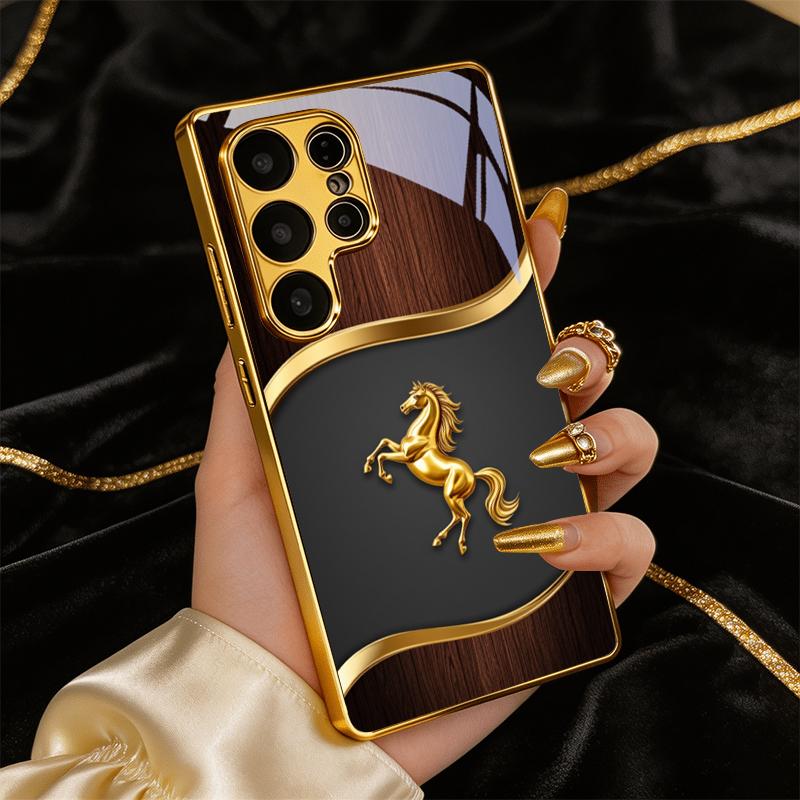 Stallion Emblem Electroplated Golden Phone Case For Samsung Galaxy S25 S24 S26 S23 S22 S21 S20 Ultra Plus FE S26+ Glass Cover