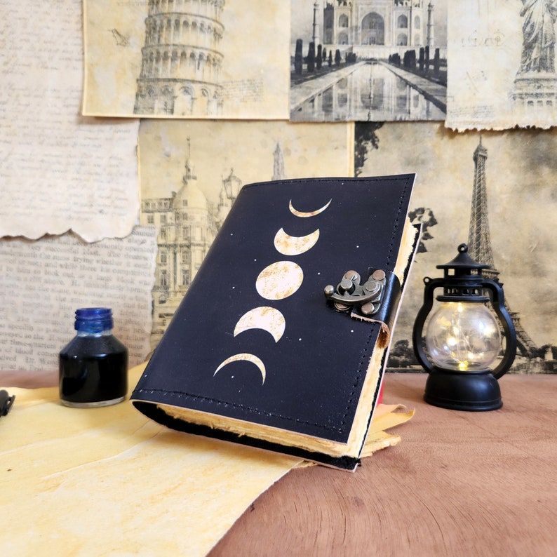 

Moon Eclipse Leather Notebook , Celestial Sketchbook , Writing Travel Journal , Ideal Gift for Him | Her , 200 Deckle Edge Handmade Pages 7 x 5 in