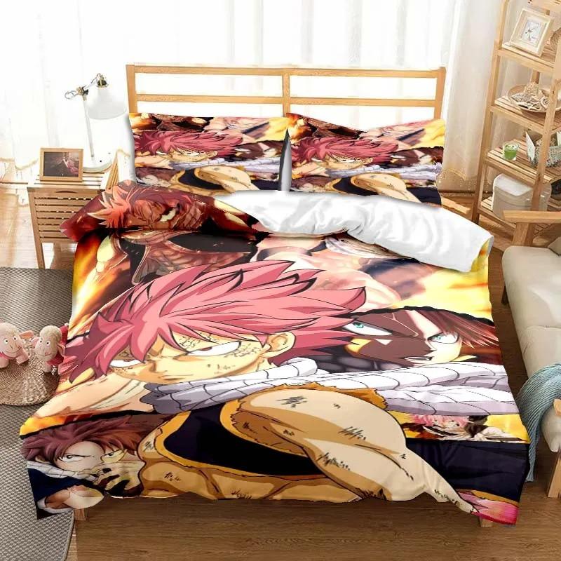 3D Anime Fairy Tail Bedding Set Bed Three-piece Set Duvet Cover Single Double Bed Queen Size Duvet Cover Set Adult Kid's Bedroom Tool