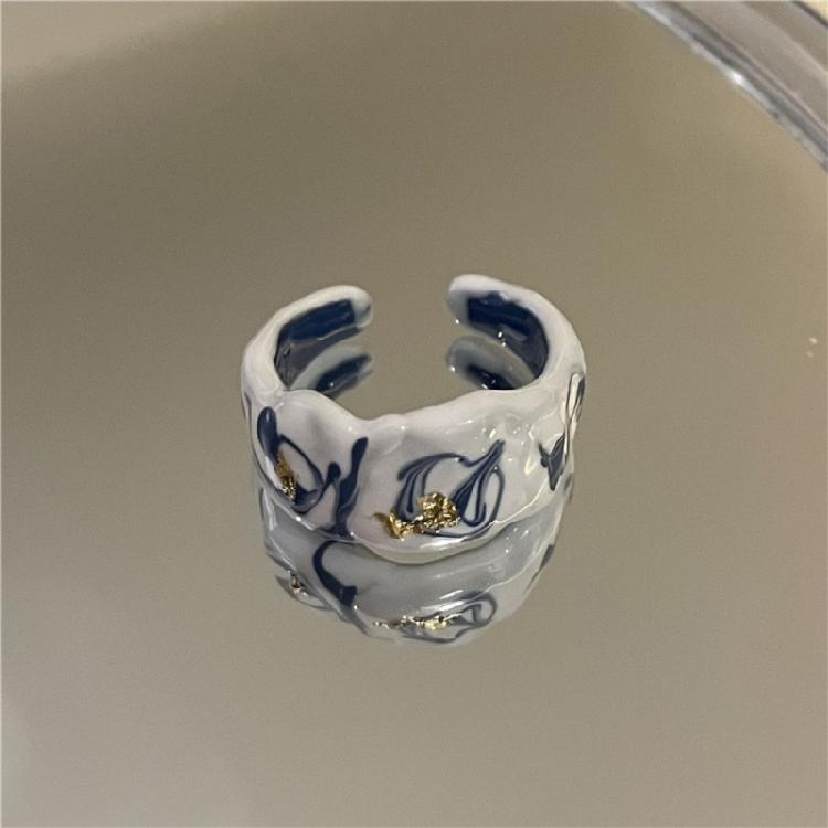 Elegant Dripping Oil Open Ring with Gold Foil Adjustable Ceramic Finger Ring Trendy Jewelry for Fashion Enthusiasts