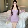 Elegant waist-tightening slimming flared long-sleeve mesh dress for women, pure and alluring hot girl, off-shoulder tight pencil short skirt