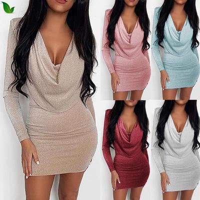 New Fashion Women Dress Solid Color V Neck Package Hip Irregular Tight Short Dress Ladies Casual Slim Long Sleeve Party Mini Dress