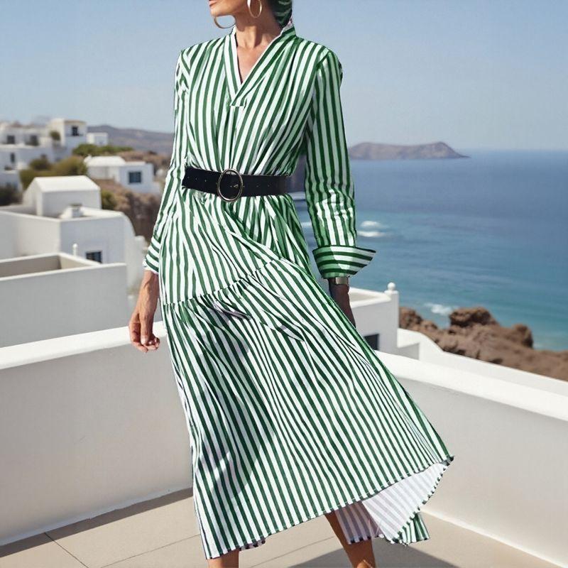 

European and American Women clothes Long sleeve V-neck Mid-Length Stripe Dress Female Summer Long dress Green S