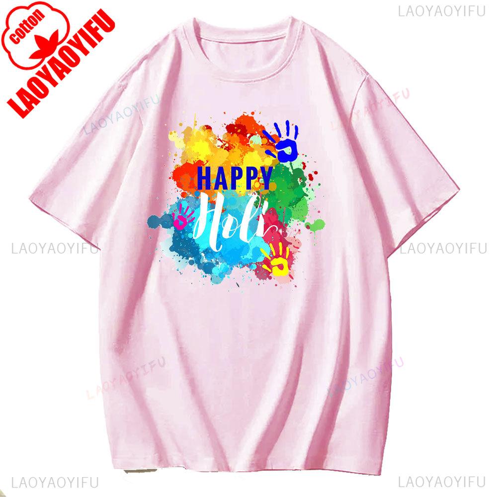 Holi Celebration Graphic TShirt Spring 2025 Streetwear Short Sleeve Unisex Fashion for Youth Adults Hindu Festival of Colors