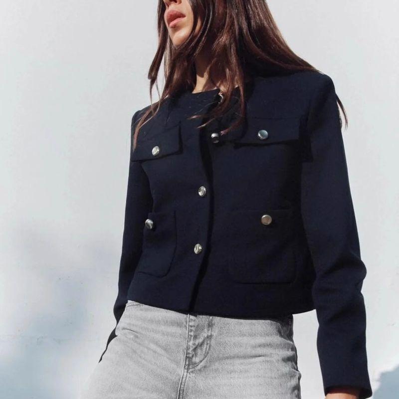 Early Autumn New Women's Clothing Fashion Style Temperament Crew Neck Long Sleeves Gold Button Short Suit Outwear 8630555