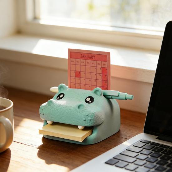 Suporte de Hipopótamo Impresso em 3D com Estênceis Formato de Hipopótamo Organizador de Notas Adesivas com Espaço para Caneta