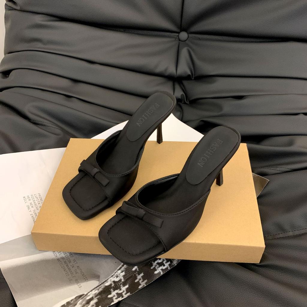 New square toe ankle strap silver satin bow high heel cool slippers thin heel open-toed women's sandals