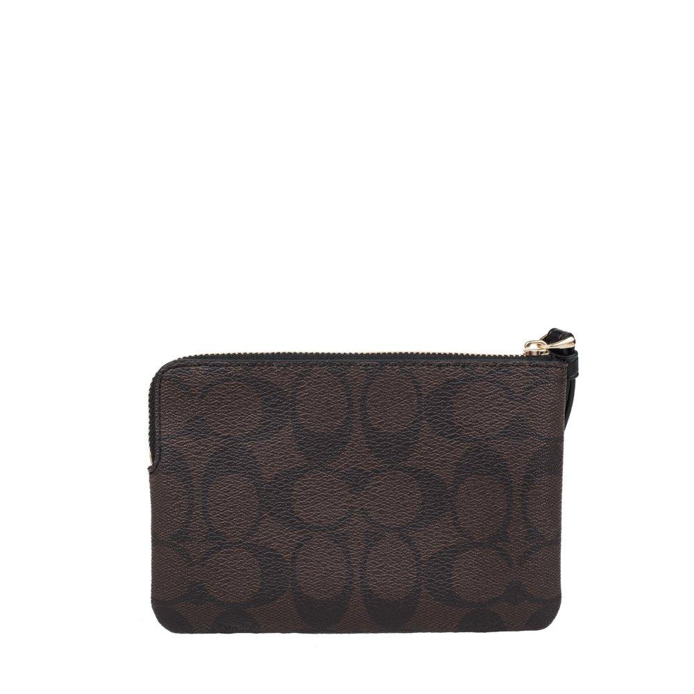 Coach F58035 Corner Zip Wristlet Signature Coated Canvas One Size Black Brown,
