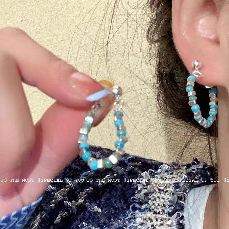 S925 Japanese And Korean Tide Personalized Broken Silver Color Beaded Stud Earrings Women'S Light Luxury Niche High-End Design Earrings