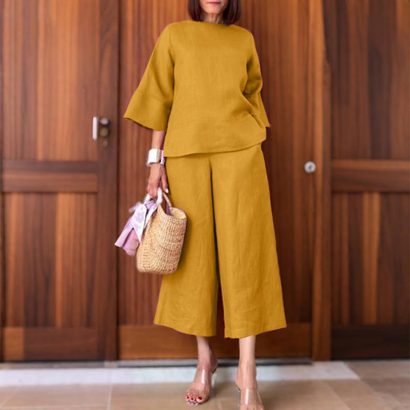 

ZANZEA Women 3/4 Sleeve Blouse and Cropped Pants Summer Two Piece Suit Sets 5XL жёлтый